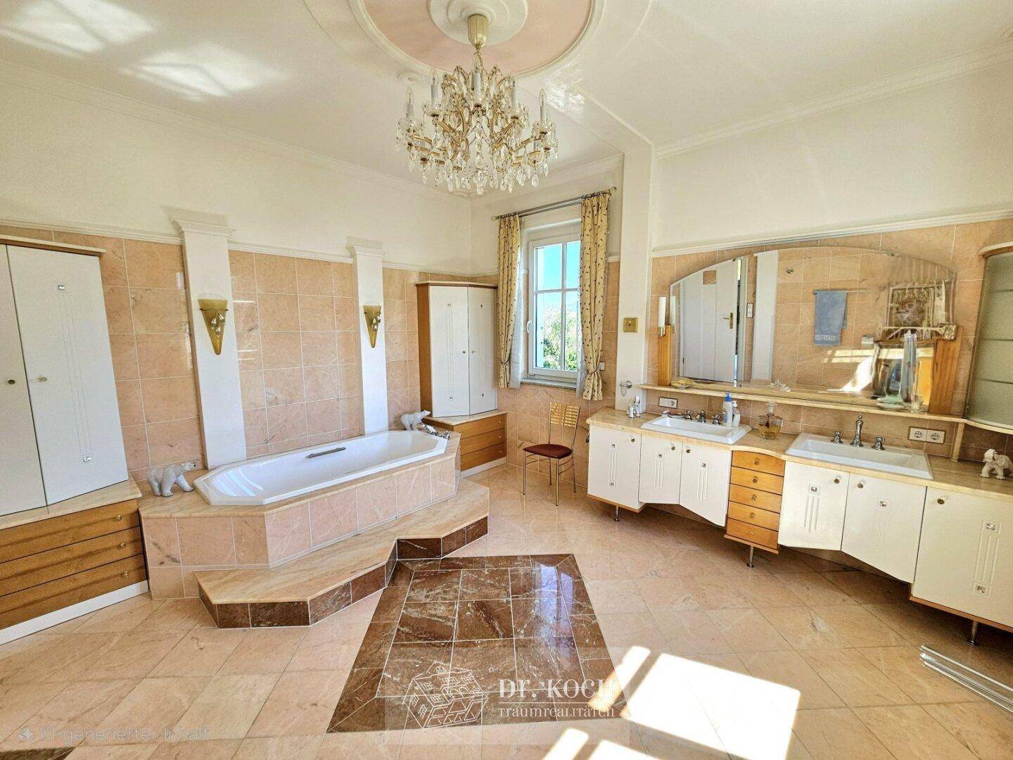 Luxuriöses Badezimmer mit großer Badewanne, Doppelwaschbecken und Marmorfliesen, bietet viel Komfort.