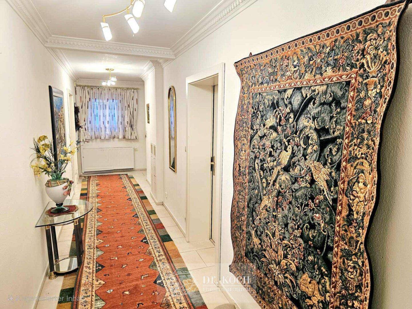 Langer Flur mit Teppichläufer, Wandteppich und Deckenbeleuchtung.