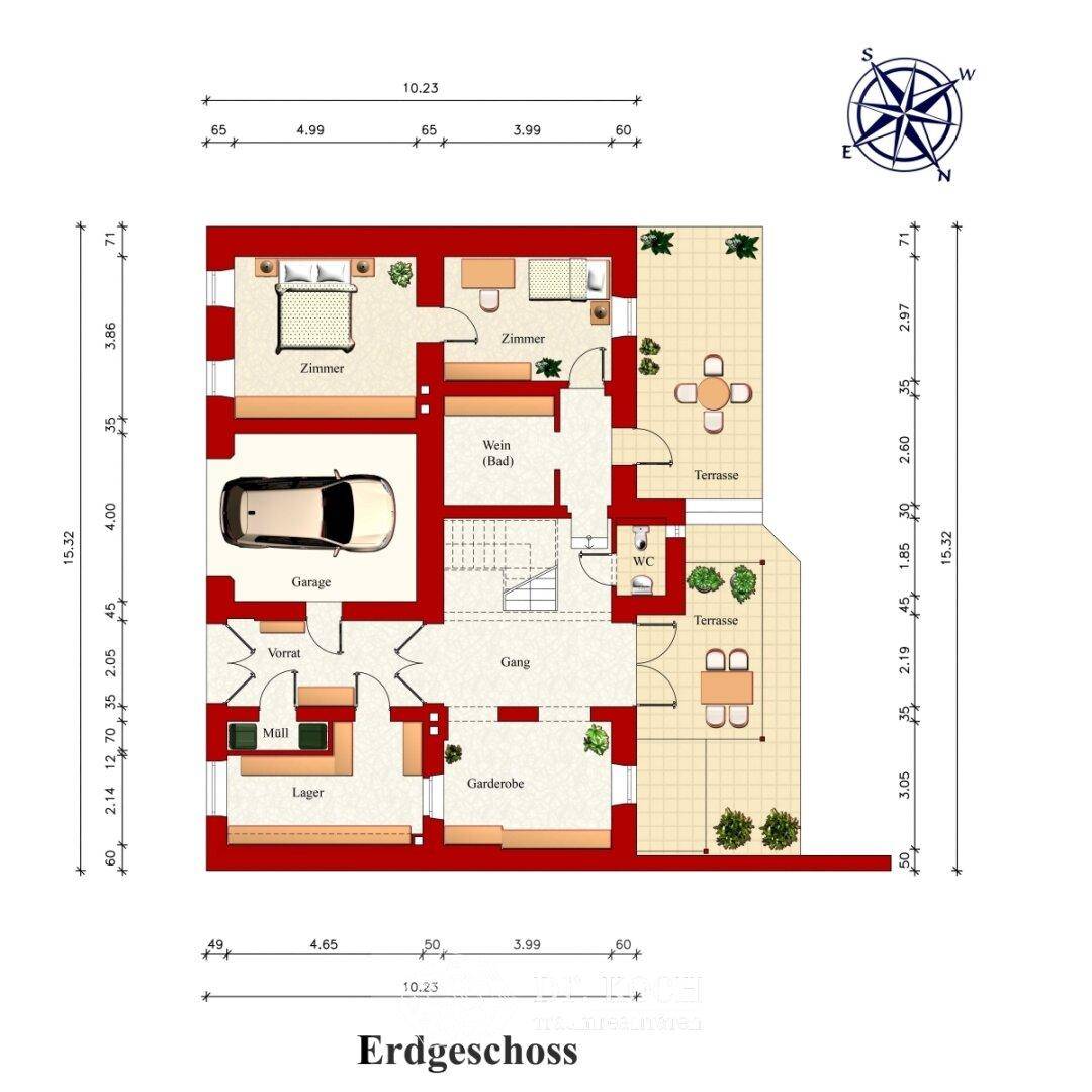 Grundriss des Erdgeschosses mit Schlafzimmern, Garage, Abstellräumen und zwei Terrassen.