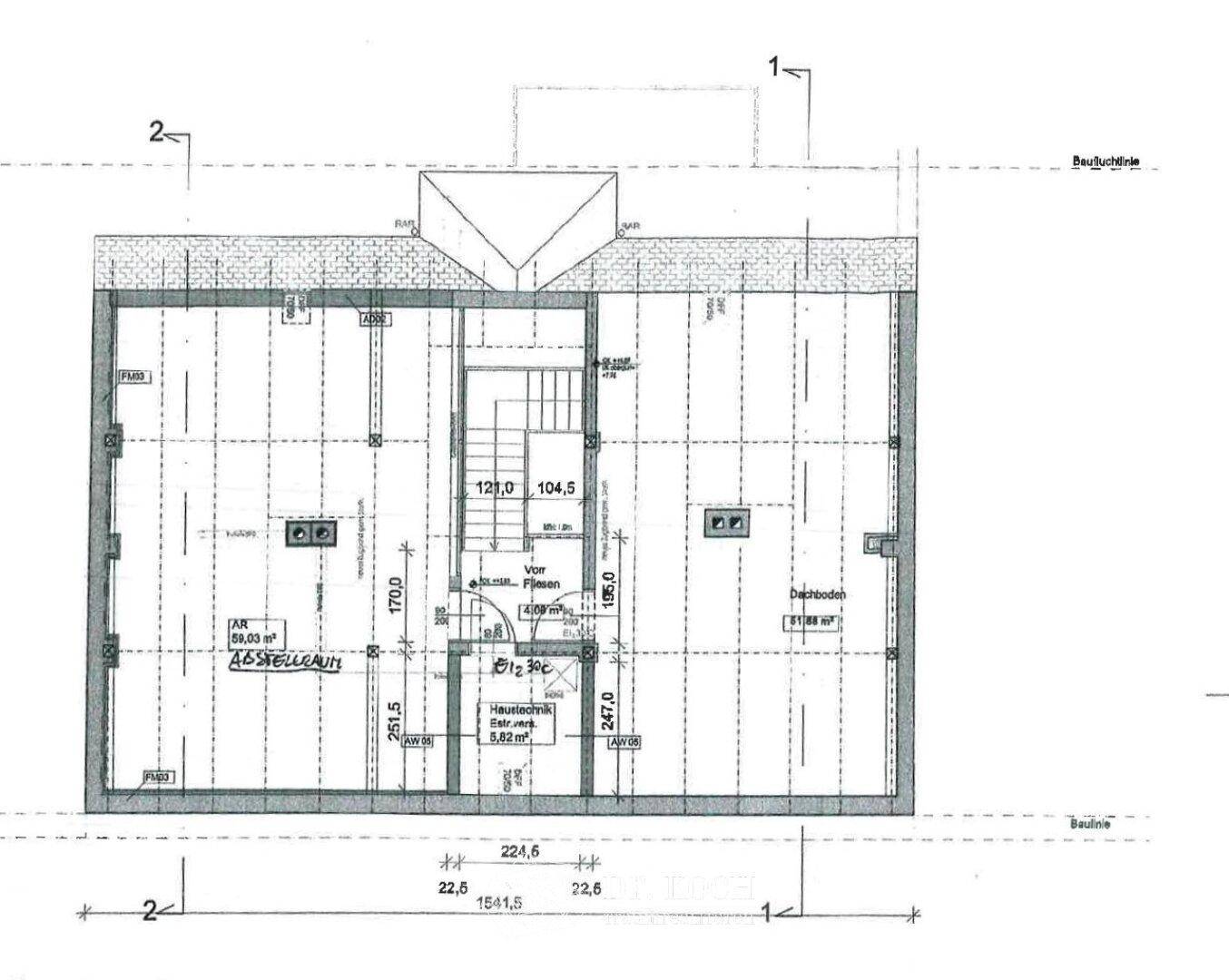 Dachgeschoss-Grundriss mit Abstellraum und Dachbodenflächen, zeigt das obere Stockwerk.