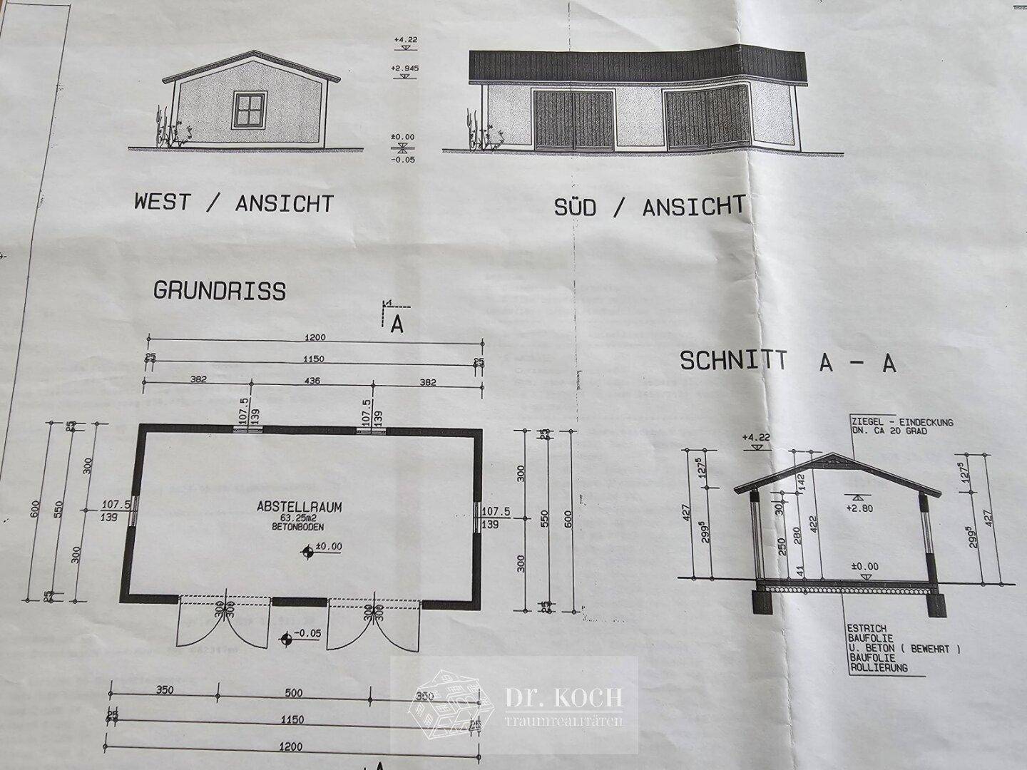 Bauplan für einen Abstellraum mit Ansichten und Schnittzeichnungen.