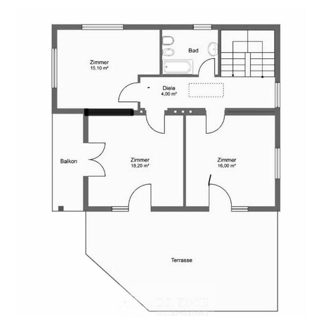 Grundriss des Obergeschosses mit Schlafzimmern, Bad, Diele und einem Balkon.