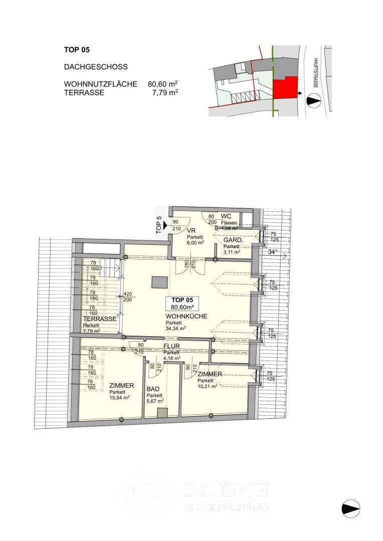 Grundriss für Dachgeschosswohnung TOP 05 mit Wohnküche, Zimmern und Terrasse.