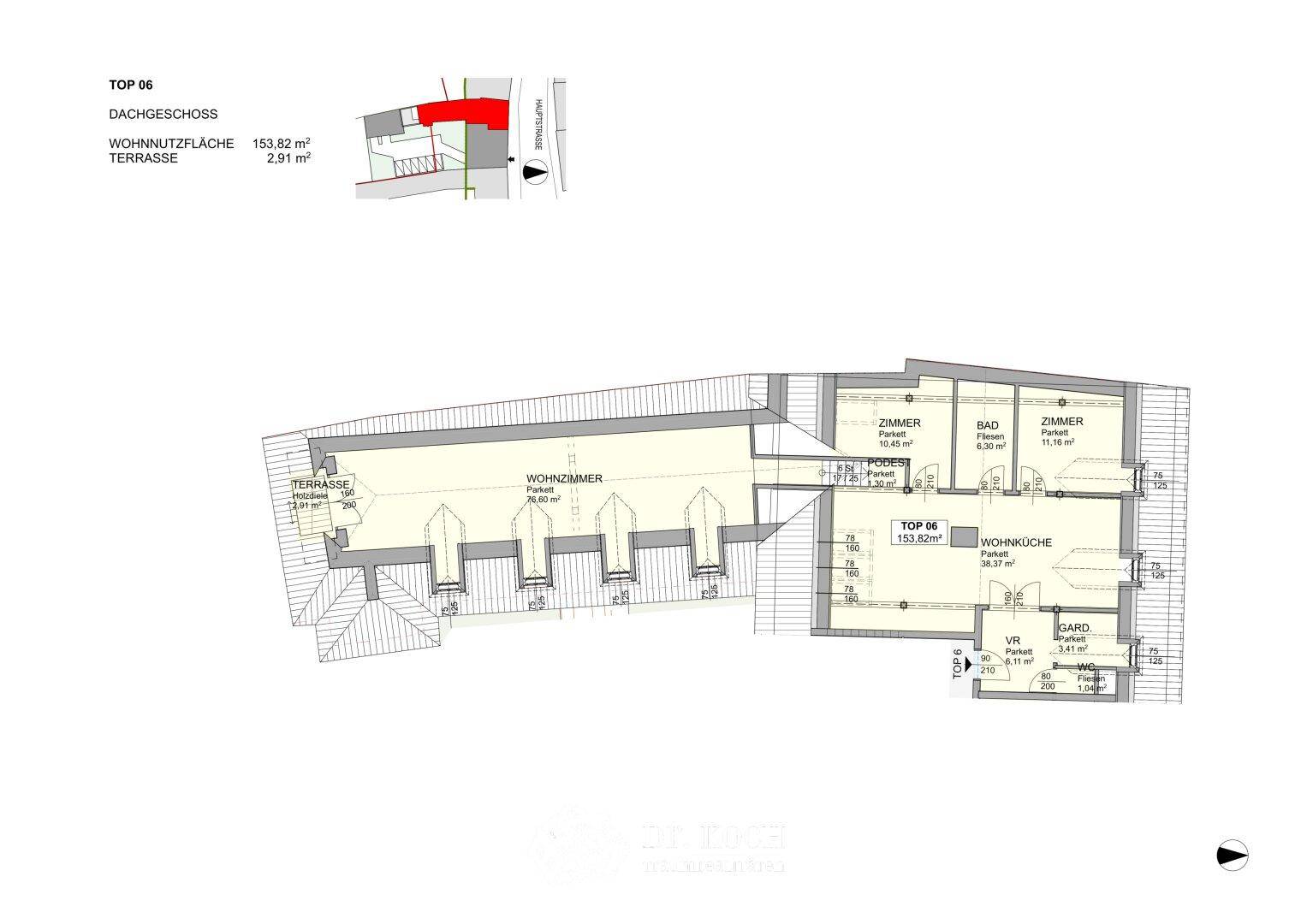 Grundriss für Dachgeschosswohnung TOP 06 mit großem Wohnzimmer, Zimmern und Terrasse.