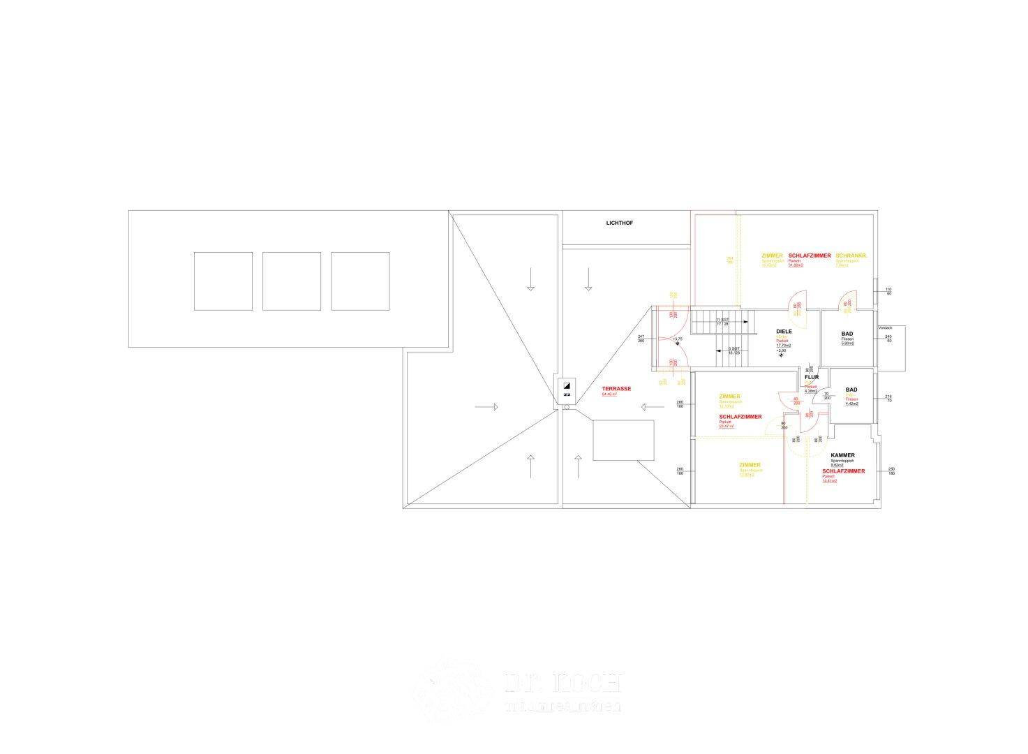 Grundriss des Obergeschosses mit Terrasse, Schlafzimmern und Bädern, sowie einem Lichthof.