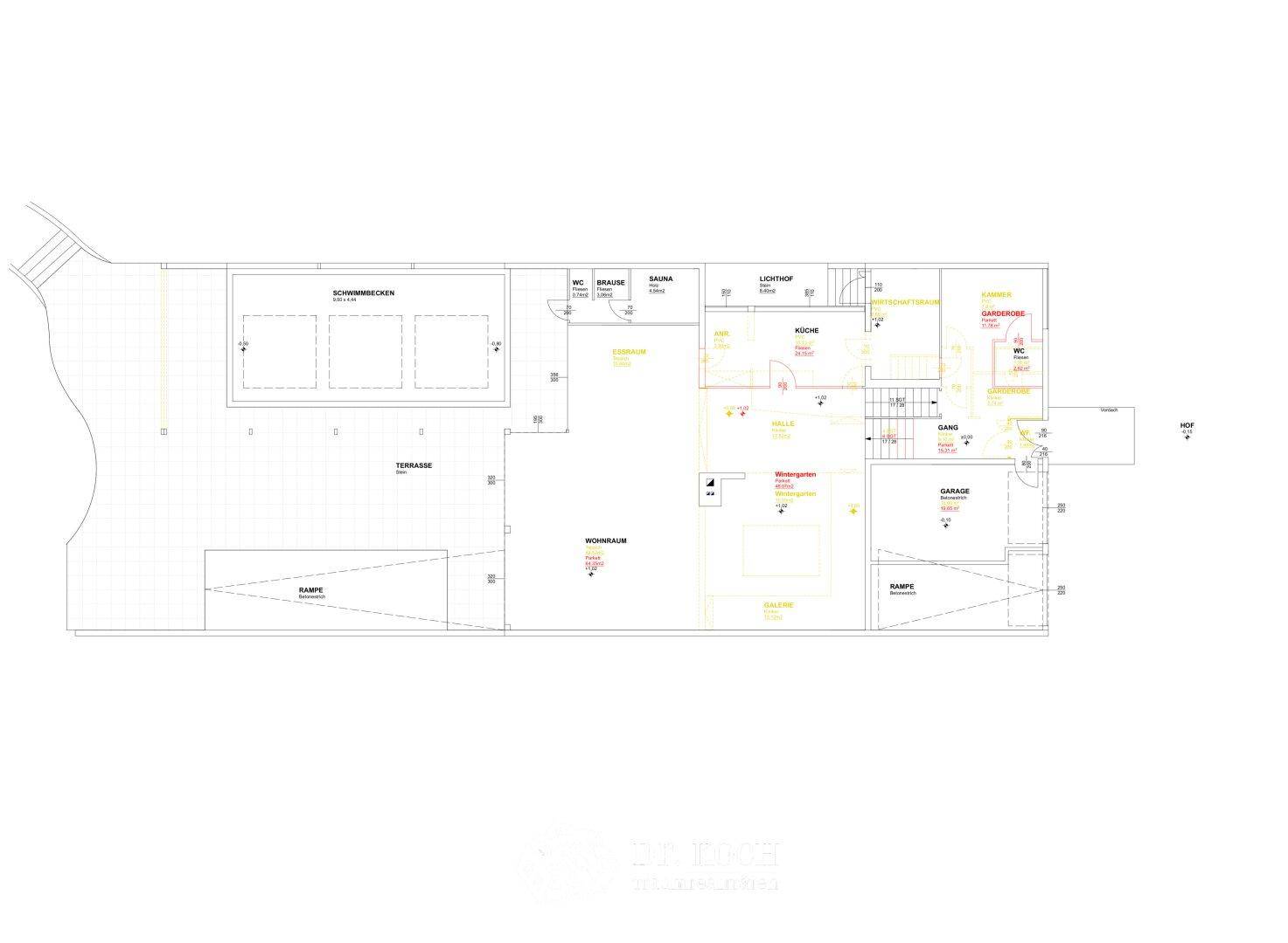 Grundriss des Untergeschosses mit Schwimmbecken, Sauna, Wohnraum und weiteren Funktionsbereichen.