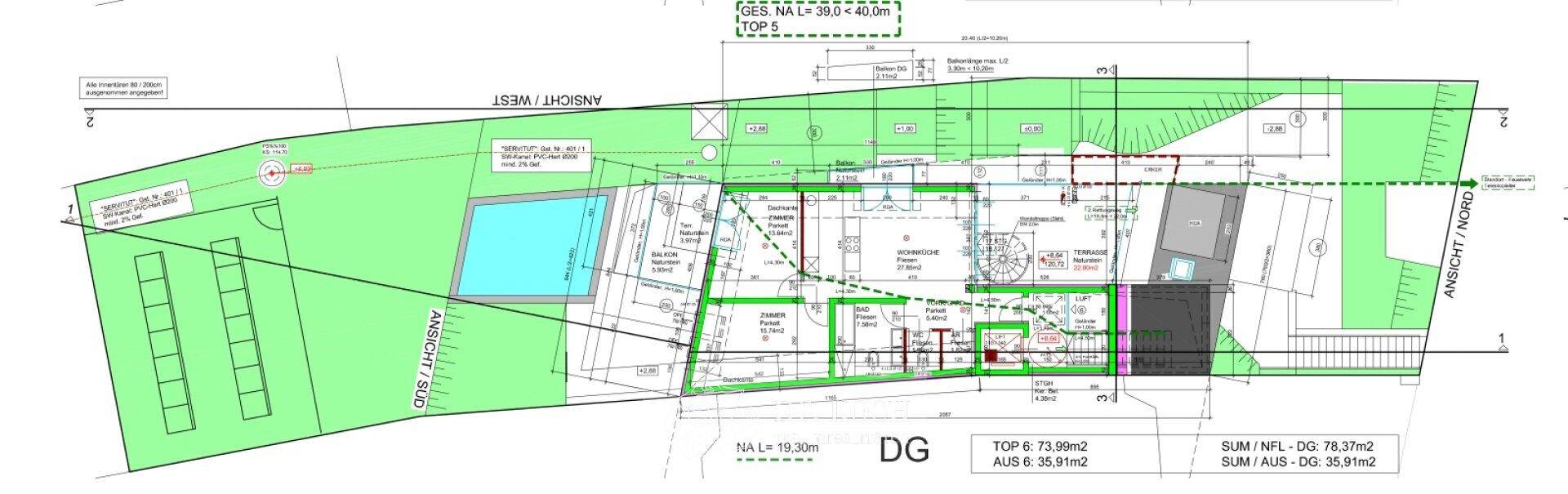 Grundriss des Dachgeschosses mit Wohnbereichen und einer Dachterrasse.