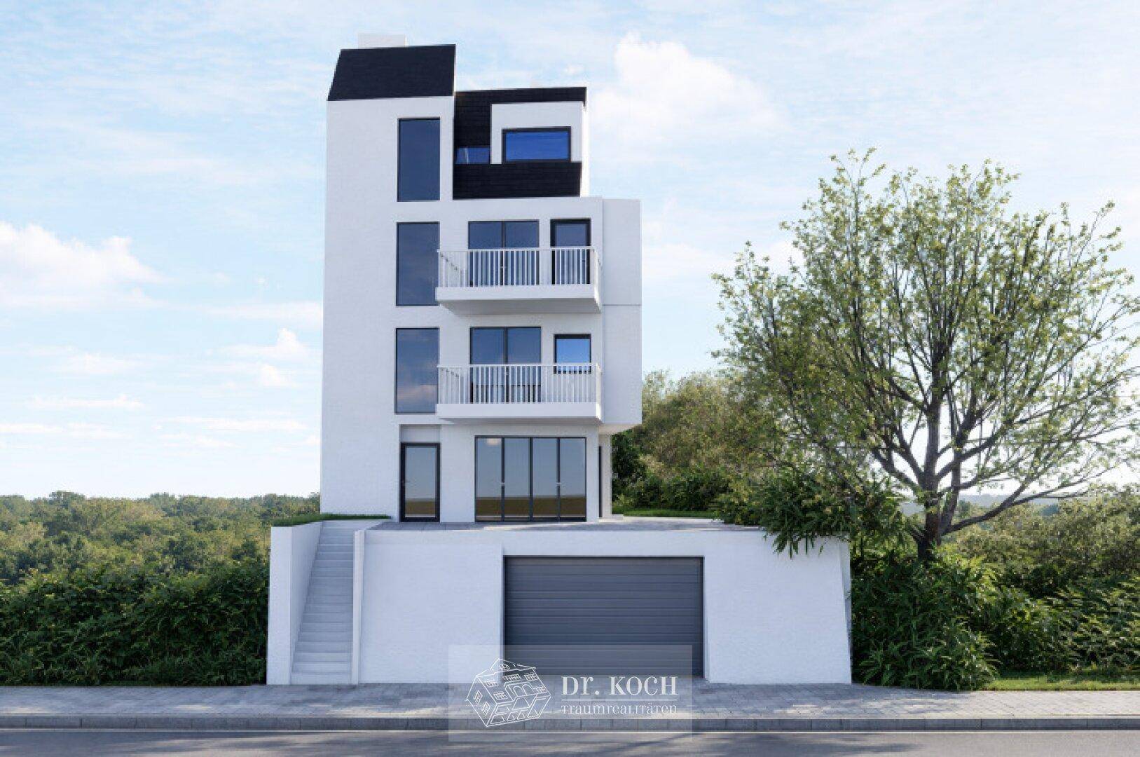 Modernes, mehrstöckiges Gebäude mit Balkonen und integrierter Garage an einer Straße.