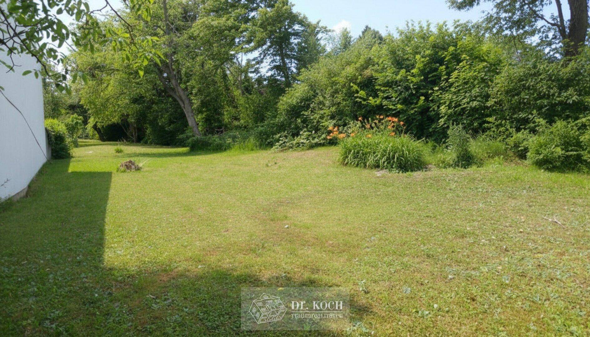 Großer, gepflegter Garten mit Rasenfläche und üppiger Bepflanzung an einem sonnigen Tag.