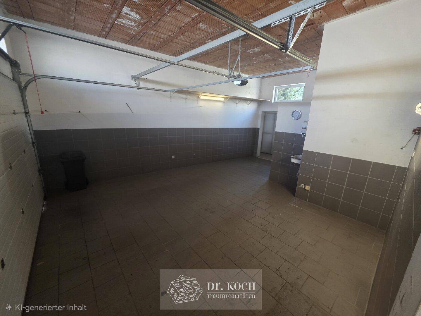 Geräumige Garage mit Fliesenboden und Rolltor, bietet Platz für mehrere Fahrzeuge.