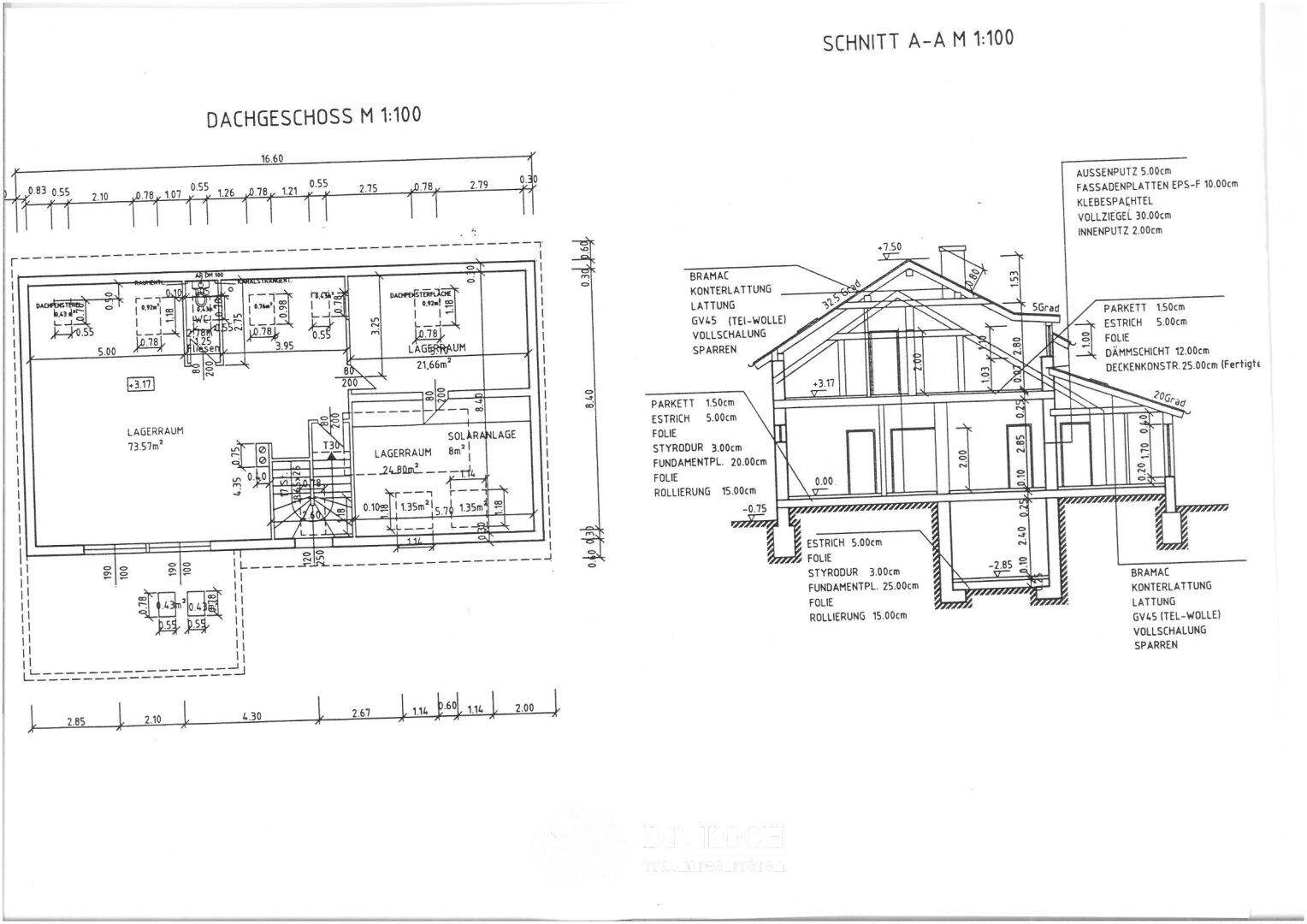 Grundriss des Dachgeschosses und Gebäudeschnitt mit Dachschräge, Keller und Dachfenstern.