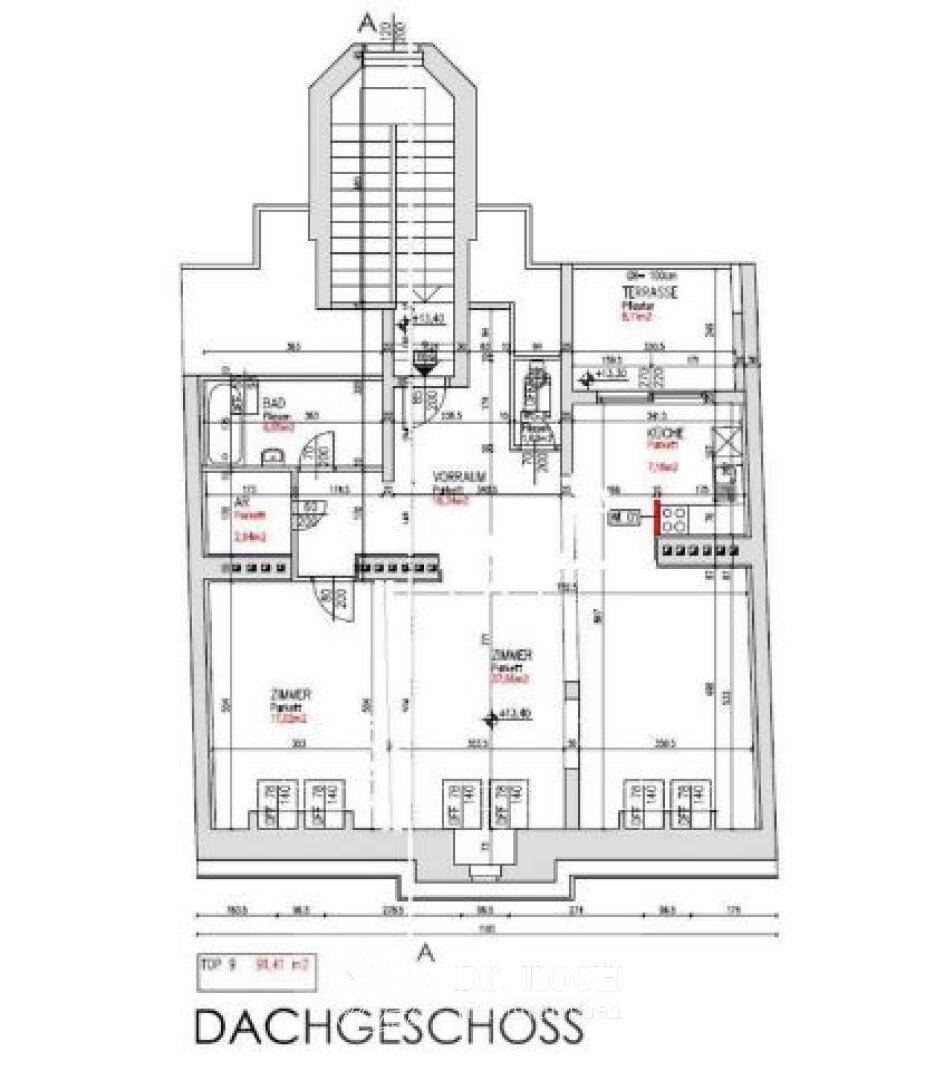 Grundriss des Dachgeschosses mit Terrasse, zwei Zimmern und Bad.