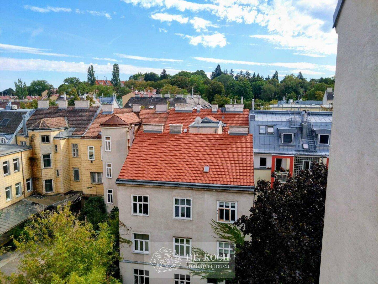 Weitblick über die Dächer der Stadt mit viel Grün und blauem Himmel.