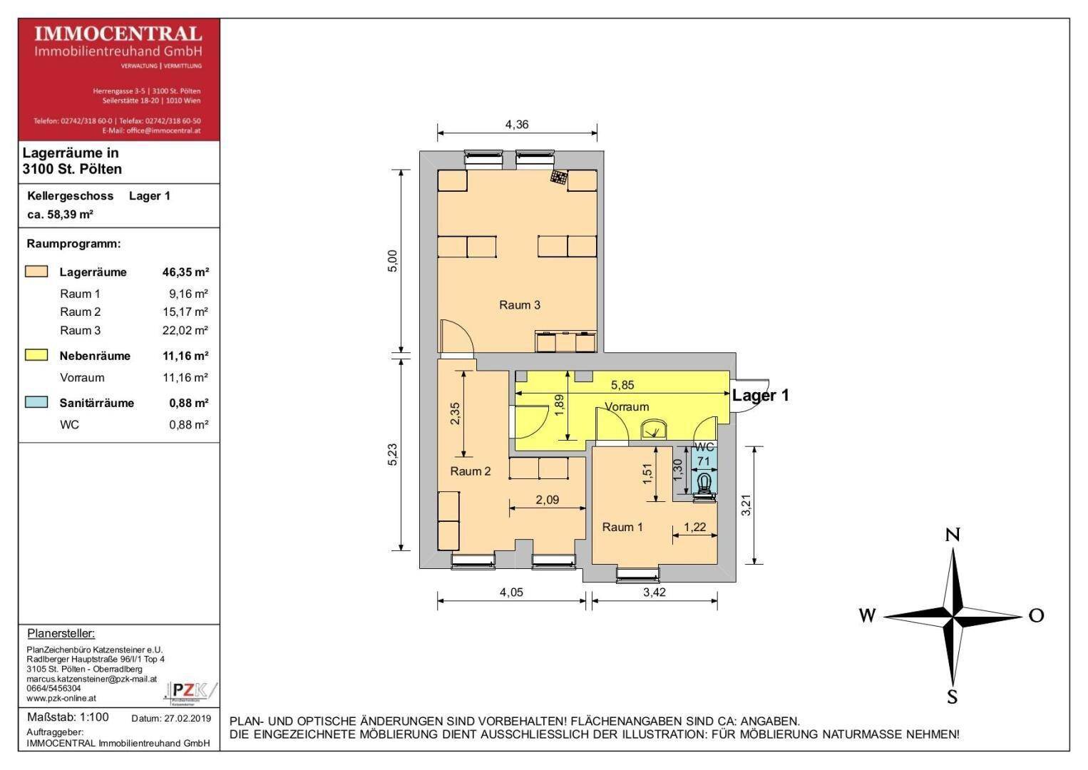 Grundriss des Kellergeschosses mit mehreren Lagerräumen, Vorraum und WC, inklusive Maßangaben.