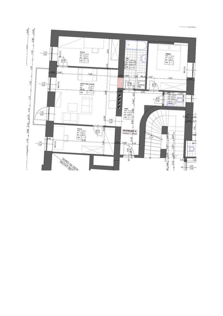Detaillierter Grundriss der Wohnung mit Raumaufteilung und Treppenhaus.