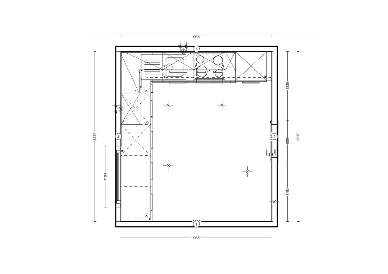 Grundriss einer Küche mit Maßen und Anordnung der Geräte.