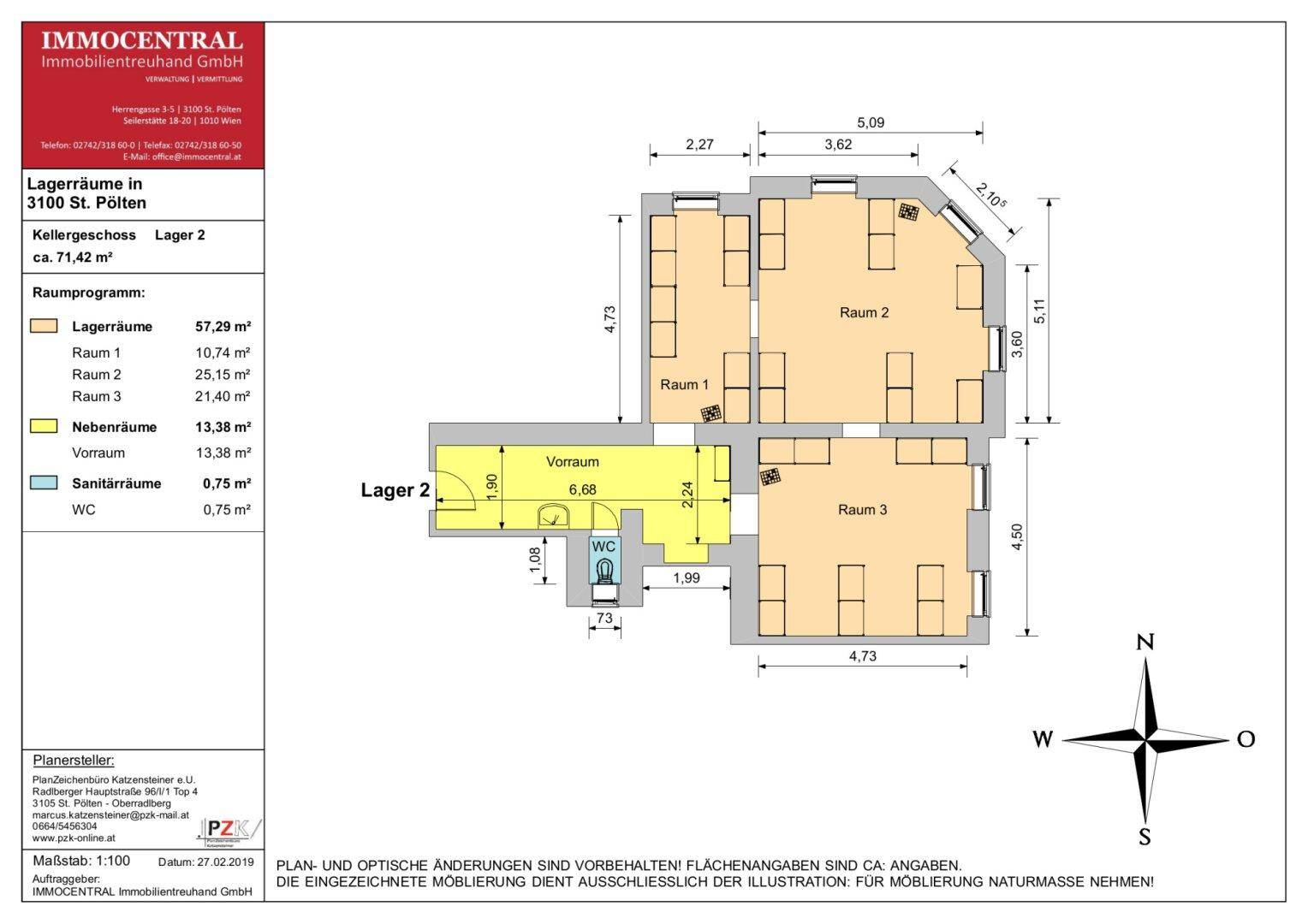Grundrissplan des Kellergeschosses mit Lagerflächen und Sanitärräumen, inklusive Abmessungen.