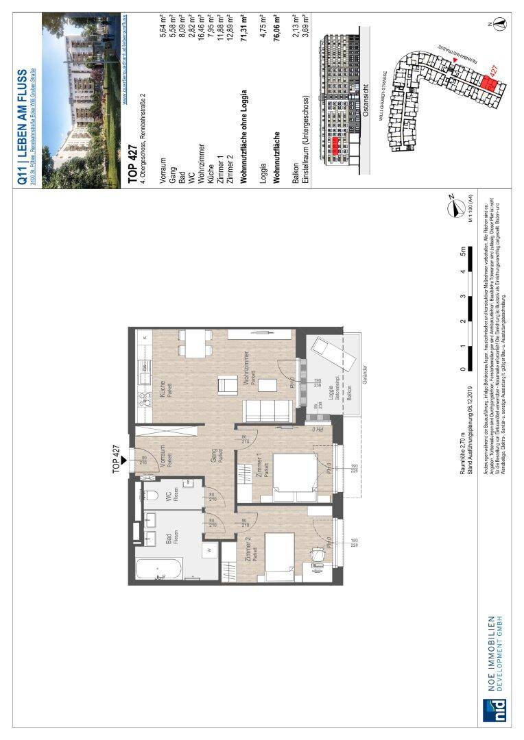 Detaillierter Grundriss der Wohnung TOP 427 mit Raumaufteilung und Flächenangaben.