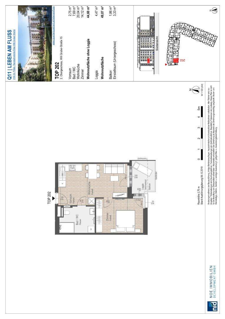 Detaillierter Grundriss der Wohnung TOP 202 mit Loggia und Balkon.