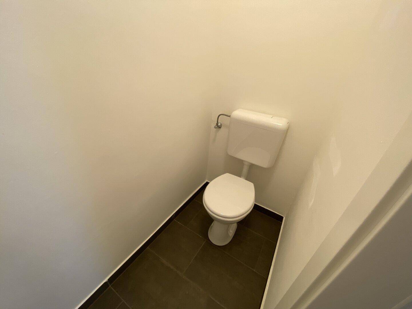 Kleines separates WC mit einfacher Toilette und dunklem Fliesenboden.
