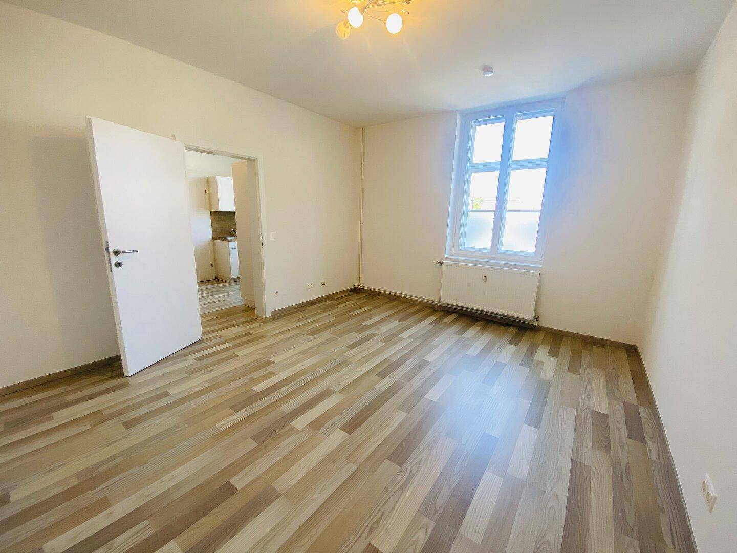 Heller, leerer Wohnraum mit Laminatboden und großem Fenster, offen zu einem Küchenbereich.