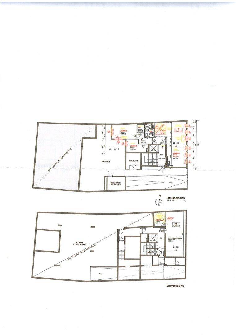 Grundrisspläne für das Erdgeschoss und das Untergeschoss mit Garage und Kellerräumen.