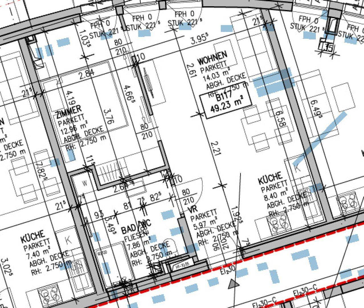 Detaillierter Grundriss einer Wohnung mit Wohnzimmer, Küche, Bad und Zimmern.