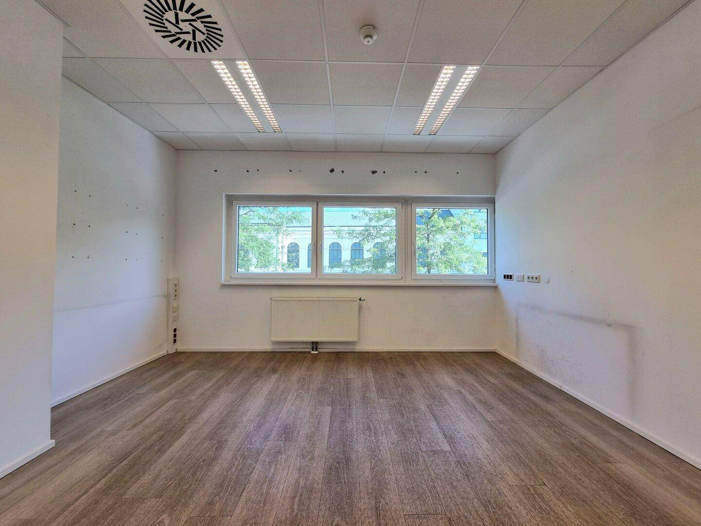 Heller Büroraum mit Laminatboden, weißen Wänden, Deckenbeleuchtung und drei großen Fenstern mit Ausblick.