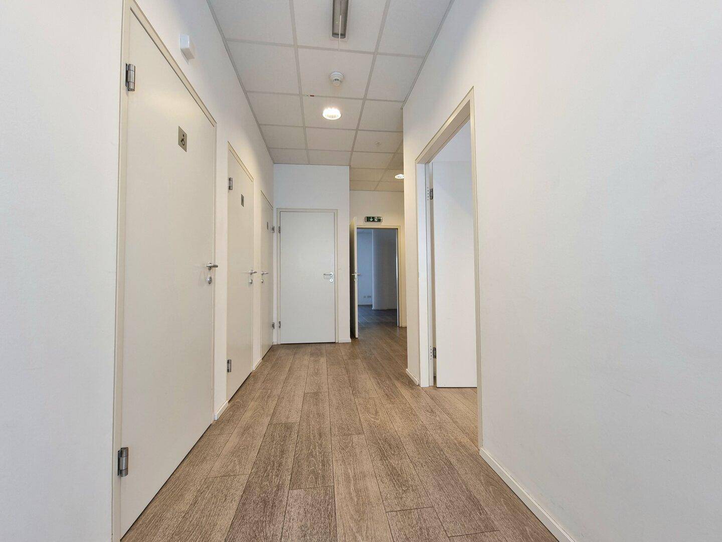 Langer, heller Flur mit mehreren weißen Türen und modernem Holzfußboden.