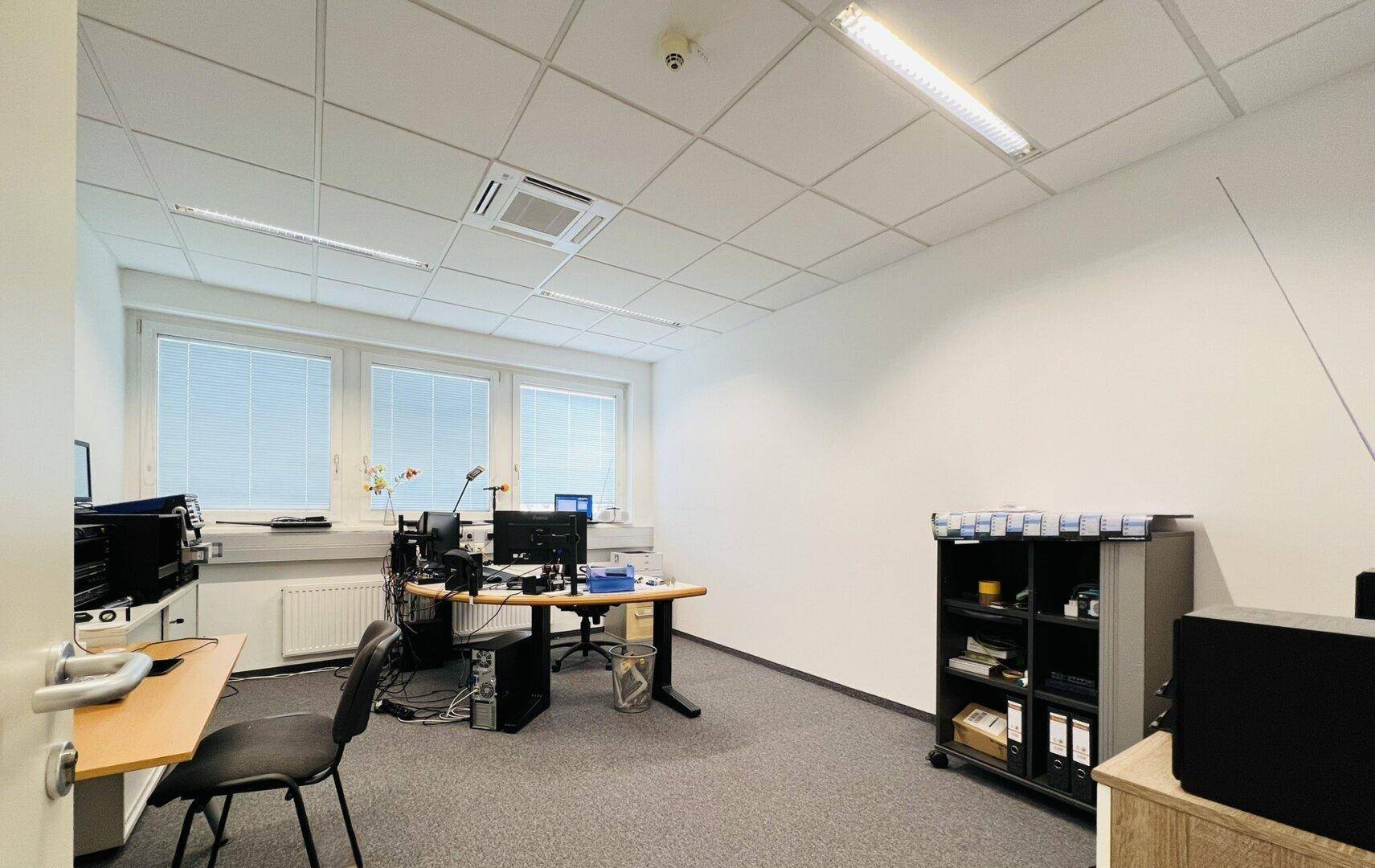 Geräumiges Büro mit Teppichboden, mehreren Fenstern und Arbeitsplätzen, ausgestattet mit Computern.