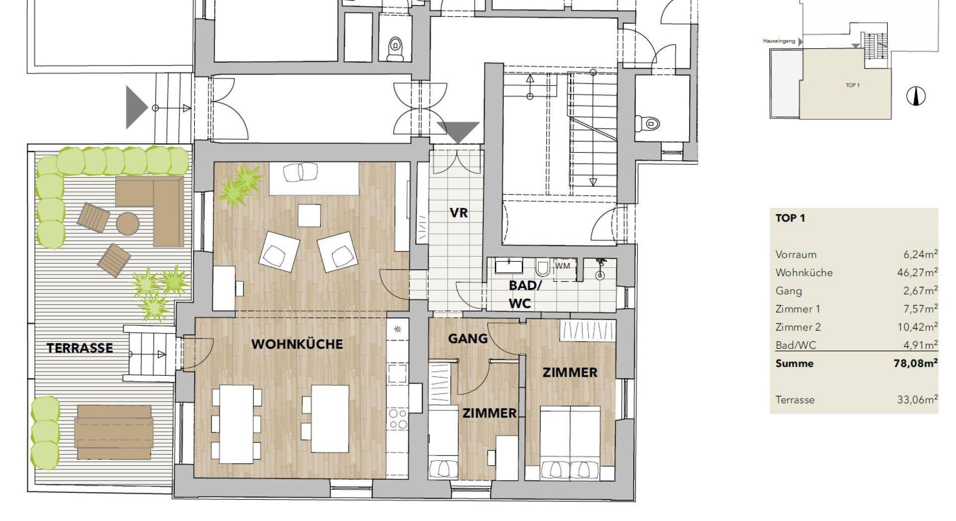 Grundriss der Wohnung TOP 1 mit Wohnküche, zwei Zimmern, Bad/WC und einer großen Terrasse.