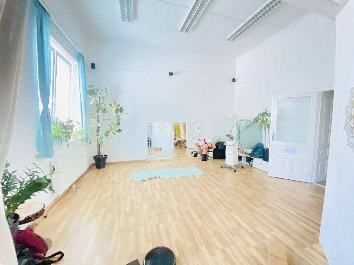 Heller Studiobereich mit Holzboden, großen Fenstern, Spiegeln und einer Yogamatte, vielseitig nutzbar.