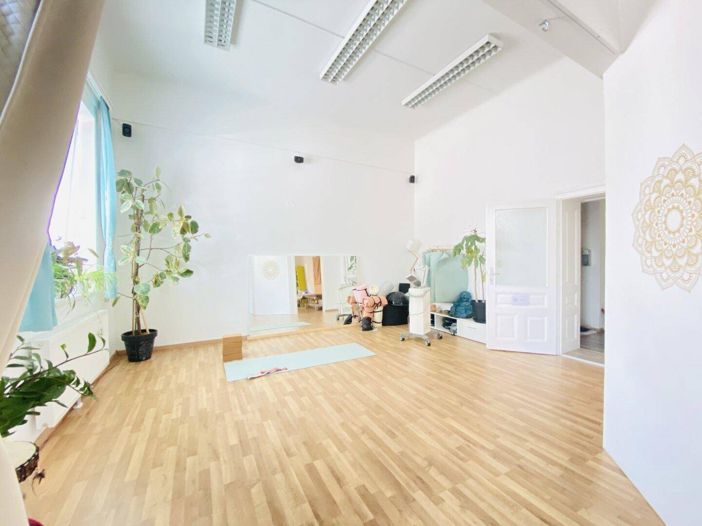 Weitläufiger Studiobereich mit Holzboden, großen Fenstern und viel Tageslicht, ideal für verschiedene Aktivitäten.