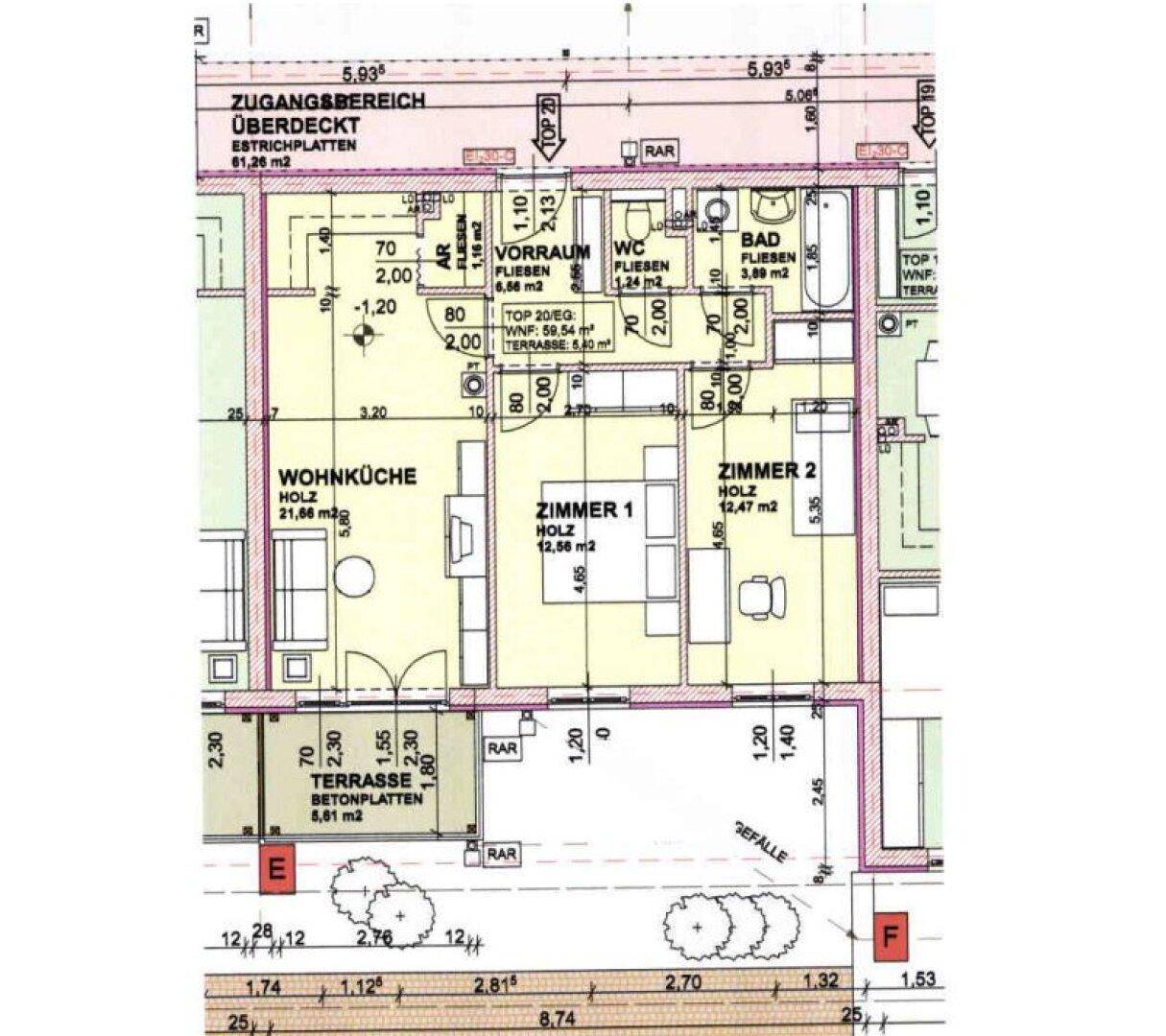Detaillierter Grundriss einer Wohnung mit Wohnküche, zwei Zimmern, Bad und Terrasse.