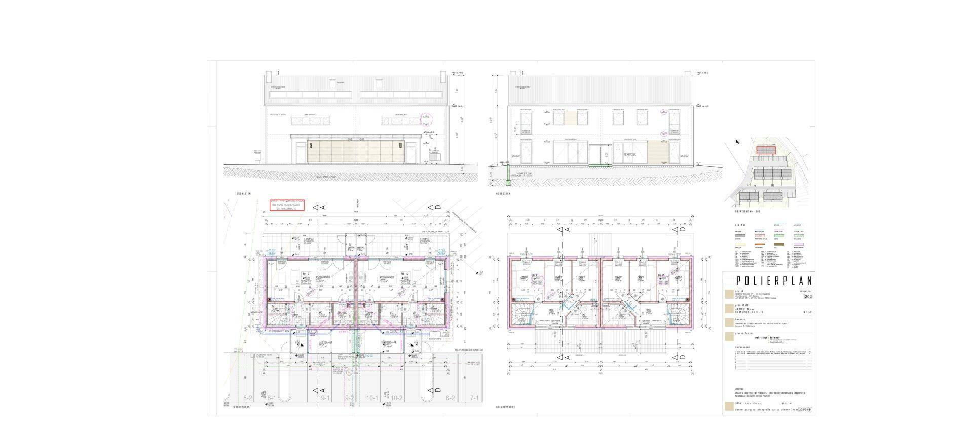 Detaillierter Polierplan mit Grundrissen und Ansichten des Gebäudes.