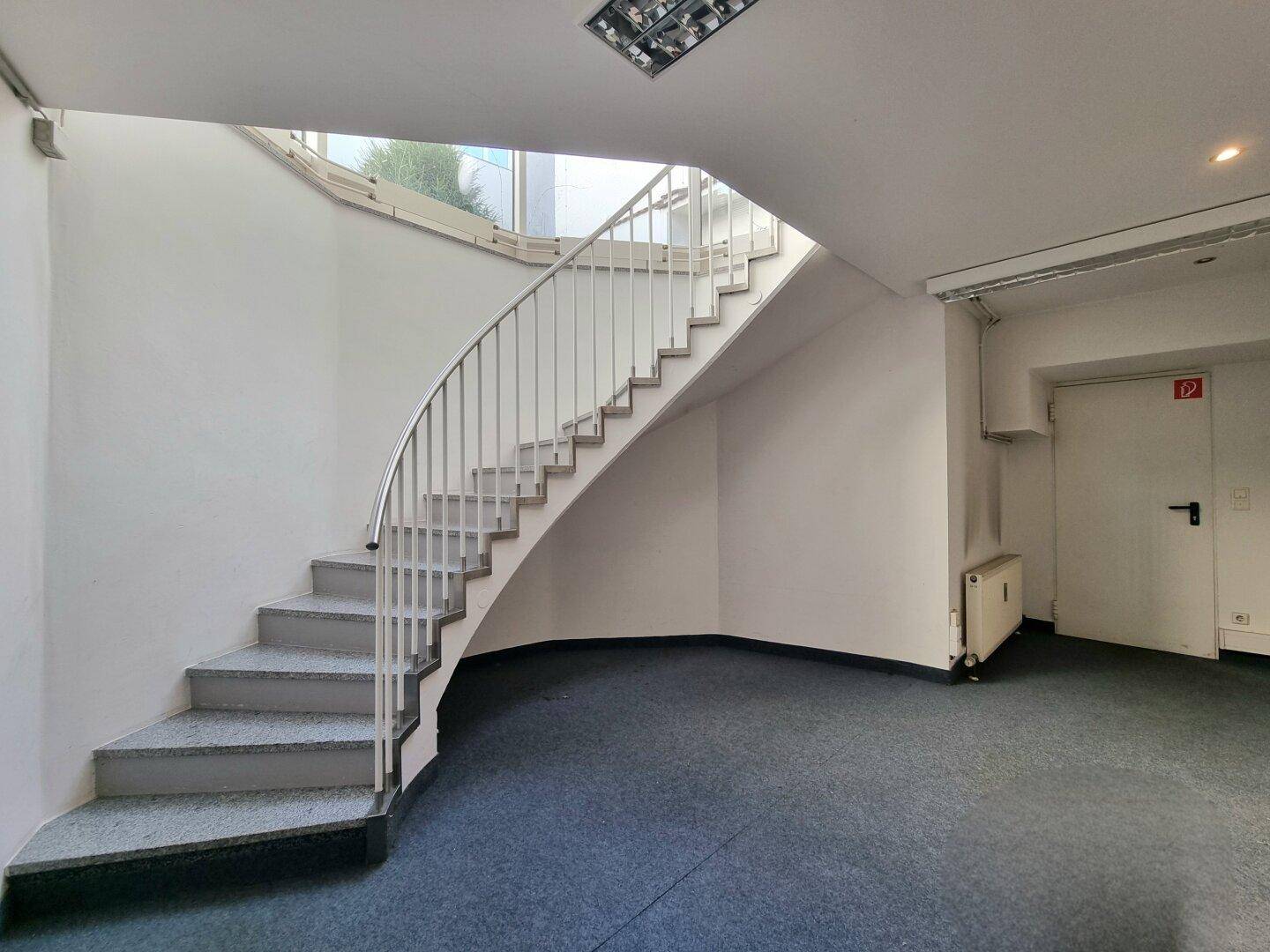 Geschwungene Treppe mit Metallgeländer in einem hellen Treppenhaus mit blauem Teppichboden und großen Fenstern.