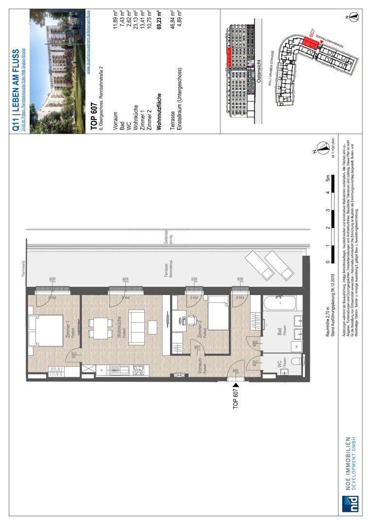 Detaillierter Grundriss einer Wohnung mit drei Zimmern, Terrasse und Wohnküche.