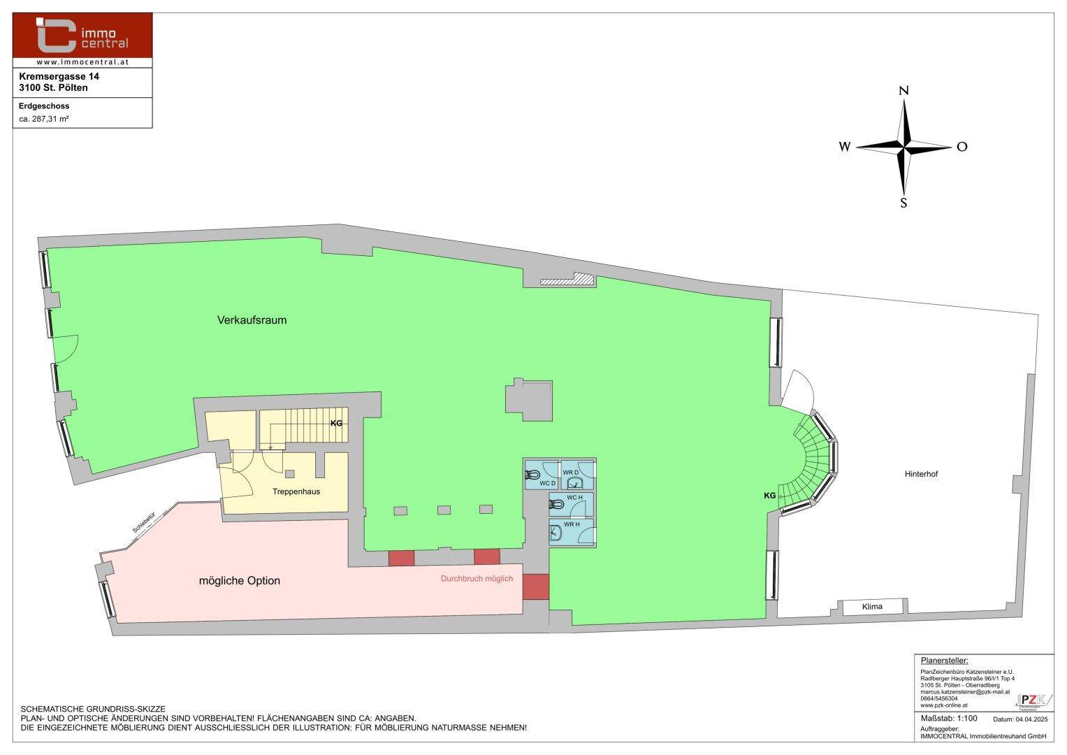 Schematischer Grundriss des Erdgeschosses mit großem Verkaufsraum, Treppenhaus und Hinterhof.