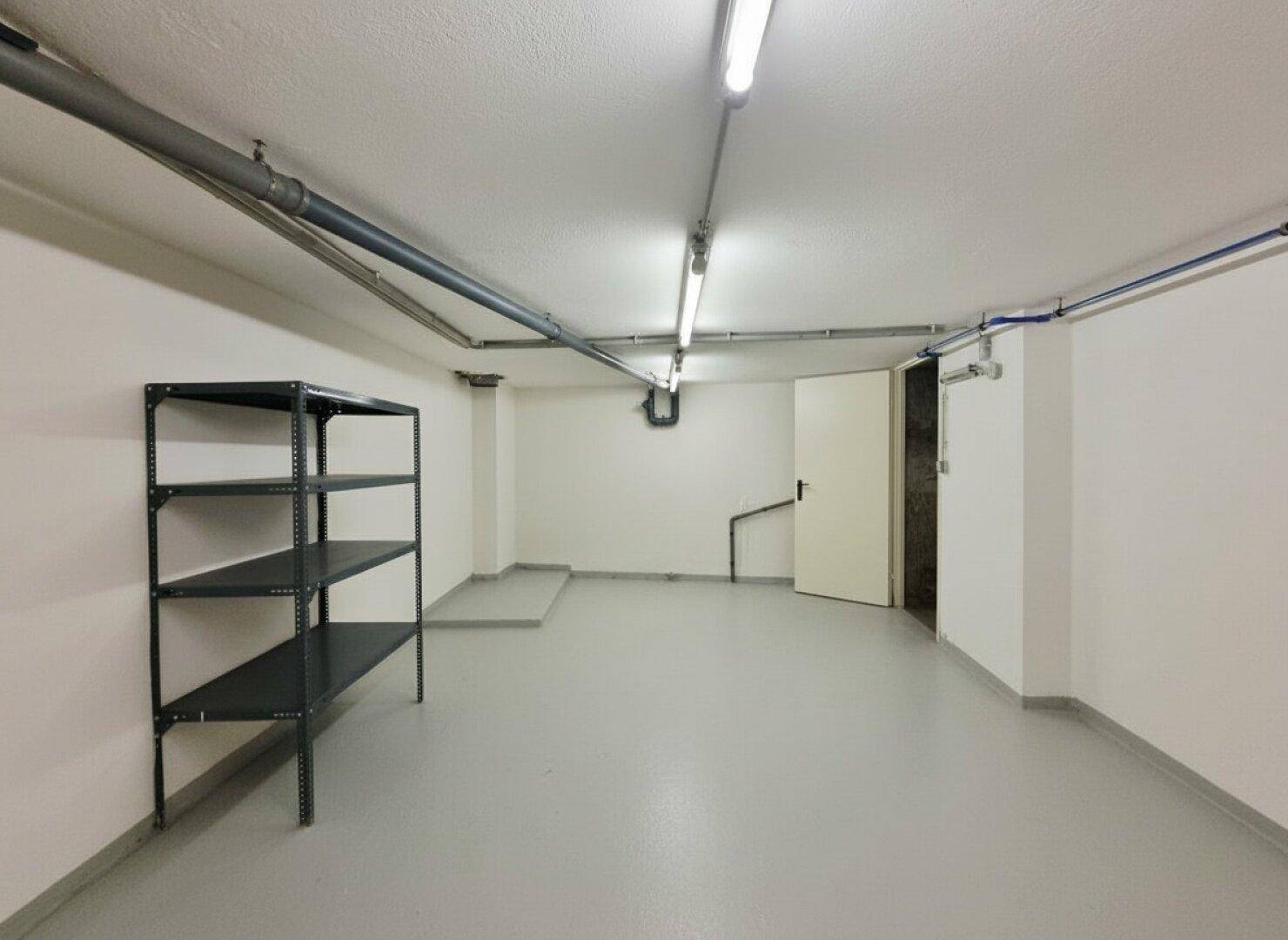 Geräumiger Abstellraum im Keller mit Regalen und sichtbaren Leitungen.