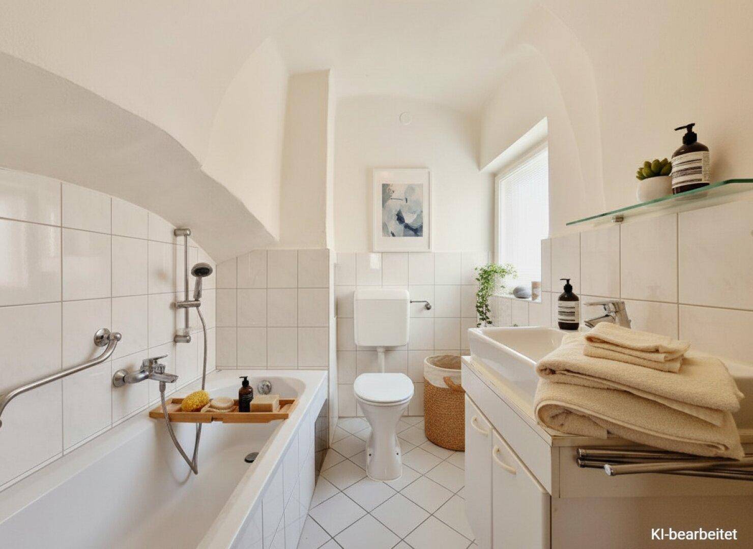 Helles Badezimmer mit Badewanne, Fliesenboden und Fenster für Tageslicht.