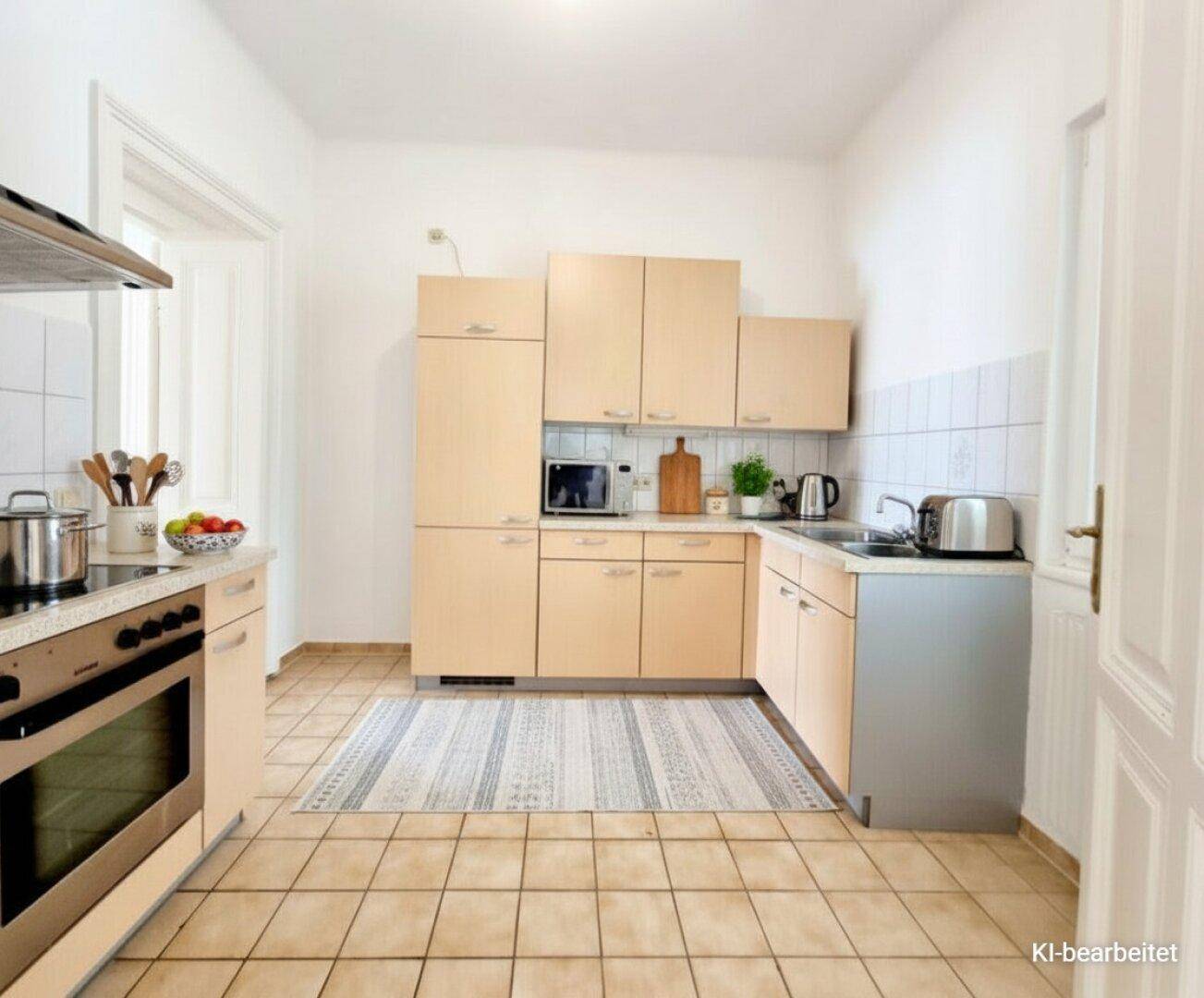 Funktionale Küche mit hellen Holzschränken, Fliesenboden und Fenster.