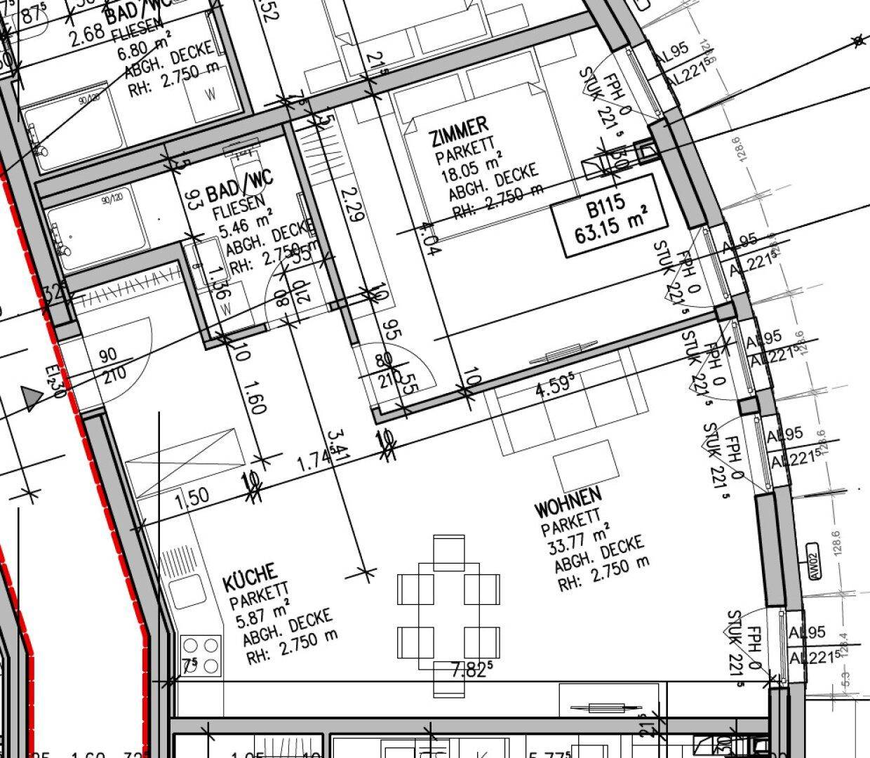 Detaillierter Grundriss einer Wohnung mit Wohnzimmer, Küche und Schlafzimmer.