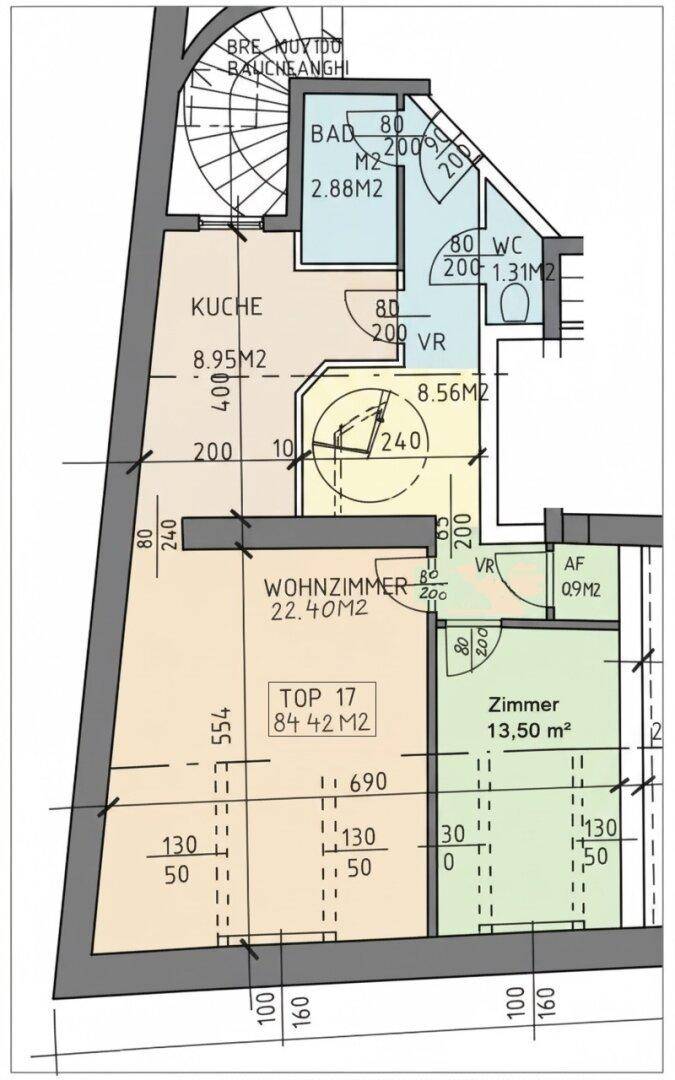Grundriss mit Küche, Wohnzimmer, Bad, separatem WC und einem weiteren Zimmer, inklusive Wendeltreppe.
