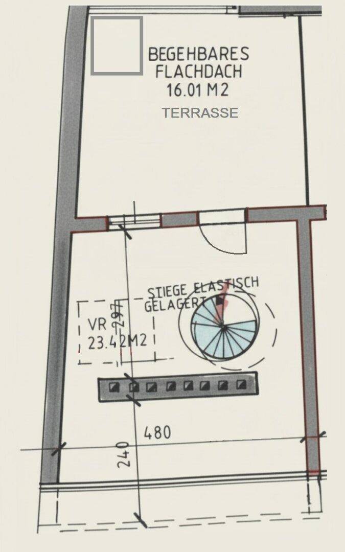 Grundriss mit begehbarem Flachdach als Terrasse und einer internen Wendeltreppe.