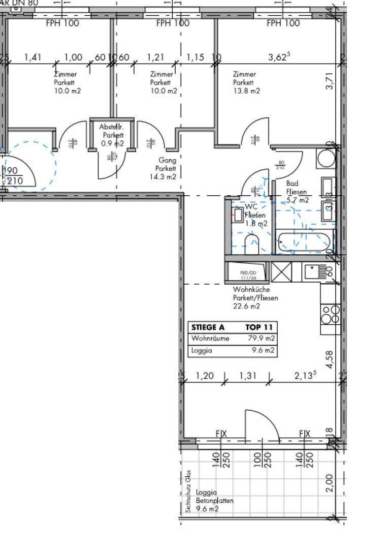 Detaillierter Grundriss einer Wohnung mit Wohnküche, drei Zimmern, Bad und Loggia.