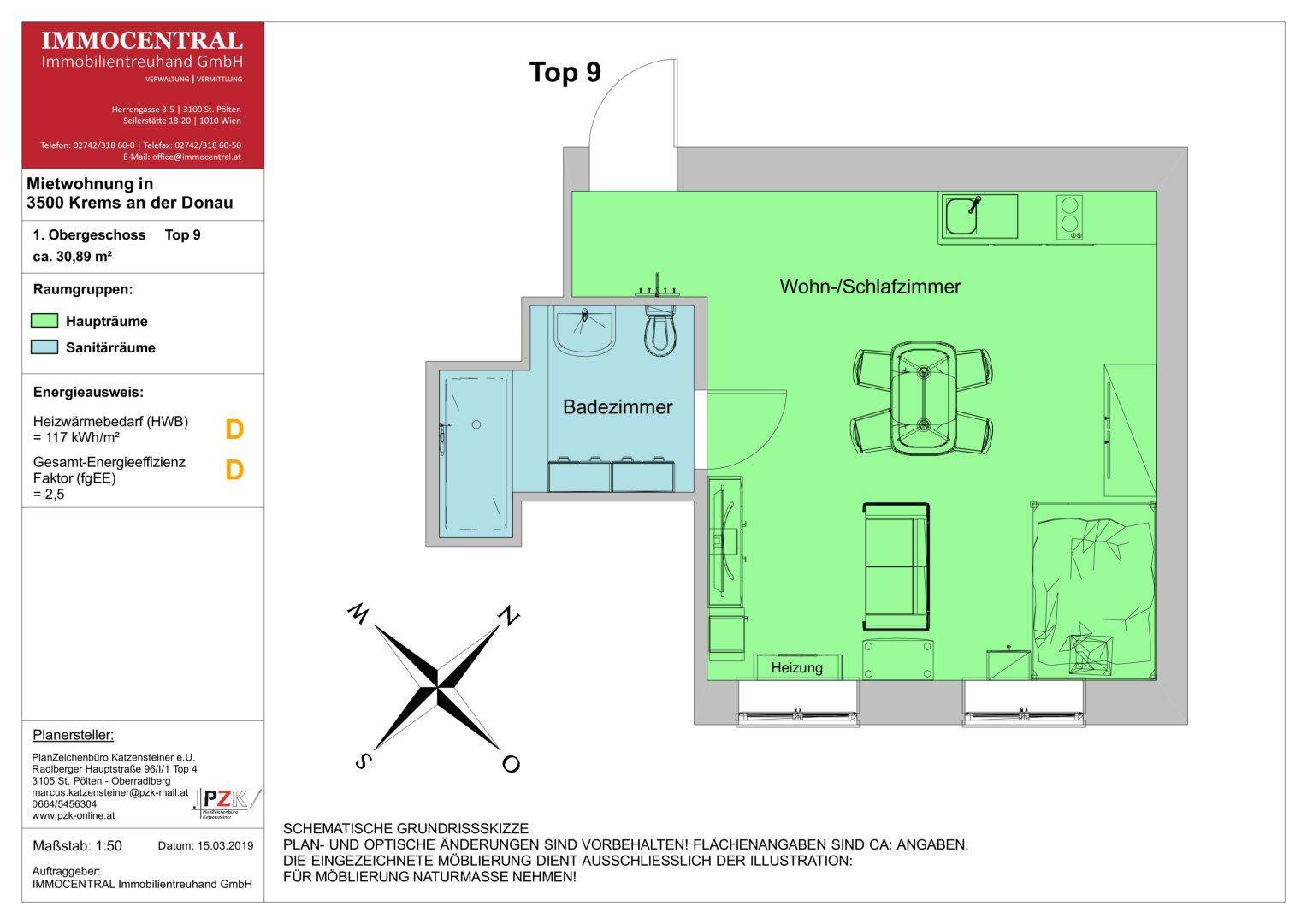 Schematische Grundrisskizze der Wohnung Top 9 mit Wohn-/Schlafzimmer und Badezimmer.