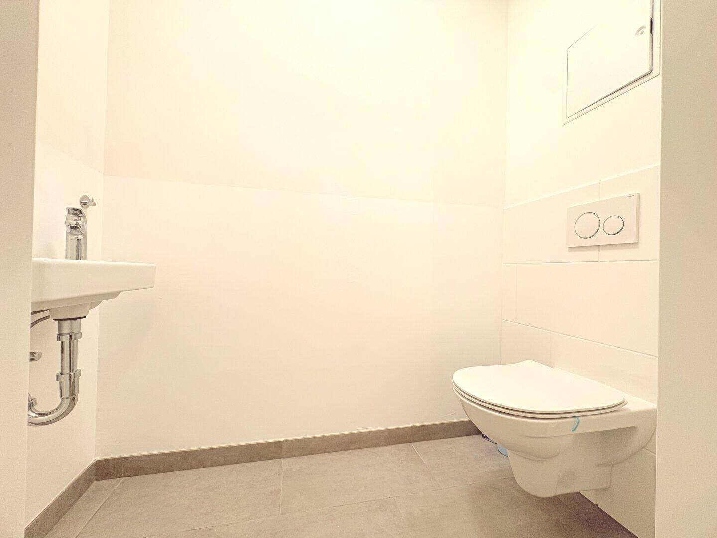Separates Gäste-WC mit wandhängendem WC und kleinem Waschbecken.
