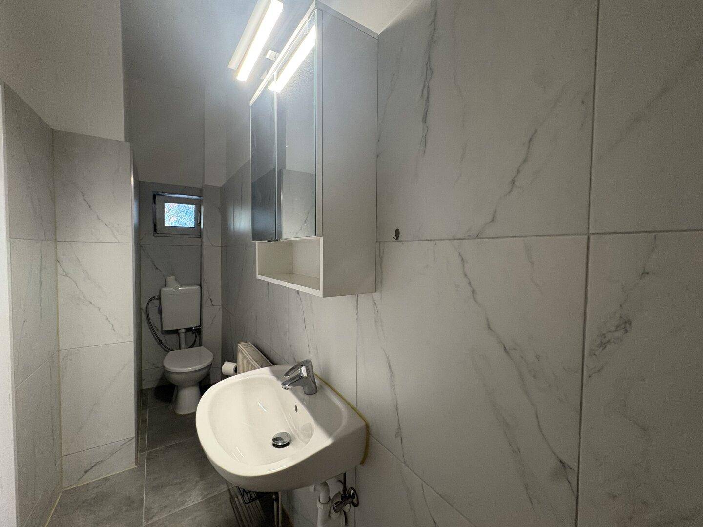 Helles Badezimmer mit modernen Fliesen, Waschbecken und Toilette, funktional und sauber.