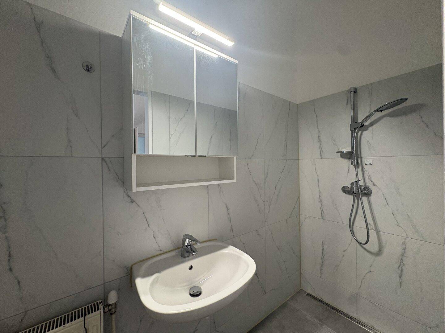 Modernes Badezimmer mit Duschbereich, Waschbecken und Spiegelschrank, praktisch gestaltet.