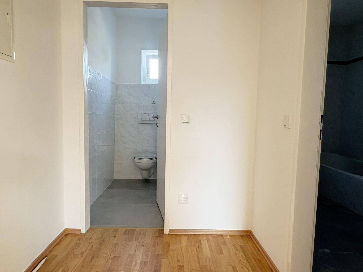 Flur mit Zugang zu einem separaten WC, ausgestattet mit Holzparkettboden.